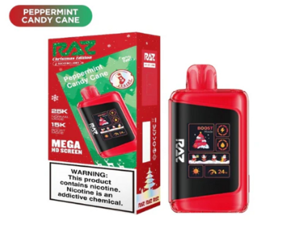 RAZ LTX 25K Puffs Peppermint Candy Cane disposable vape, premium device from Nova Puffs