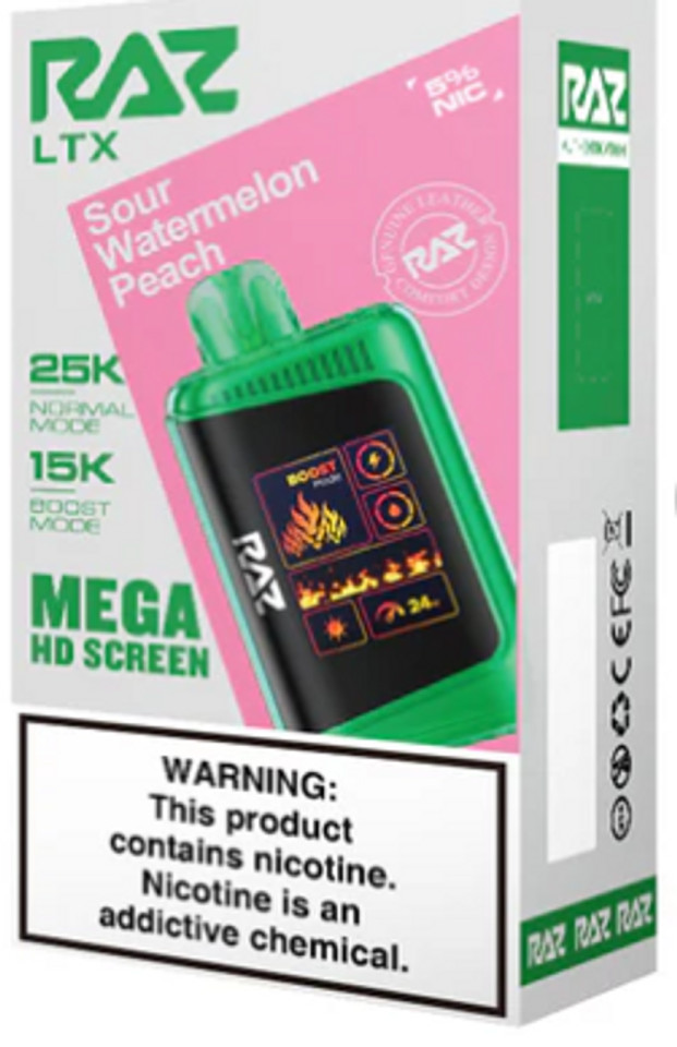 RAZ LTX 25K PUFFS Sour Watermelon Peach vape showing optimized airflow and premium design at Nova Puffs