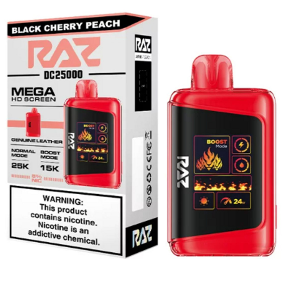 RAZ LTX 25K PUFFS Black Cherry Peach showcasing juicy cherry and peach taste at Nova Puffs