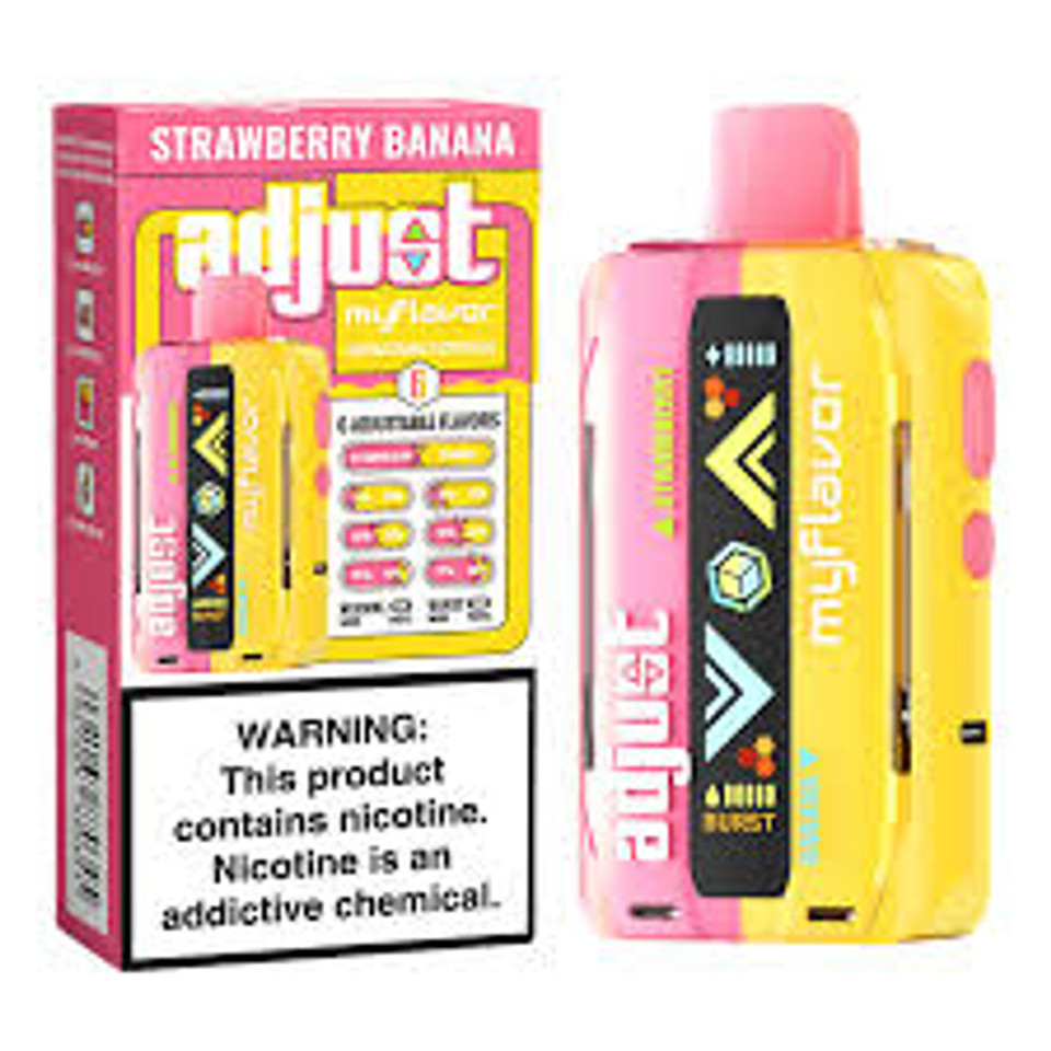 ADJUST MY FLAVOR disposable vape with Strawberry Banana flavor, 40K puffs, sleek and portable design, featured at Nova Puffs