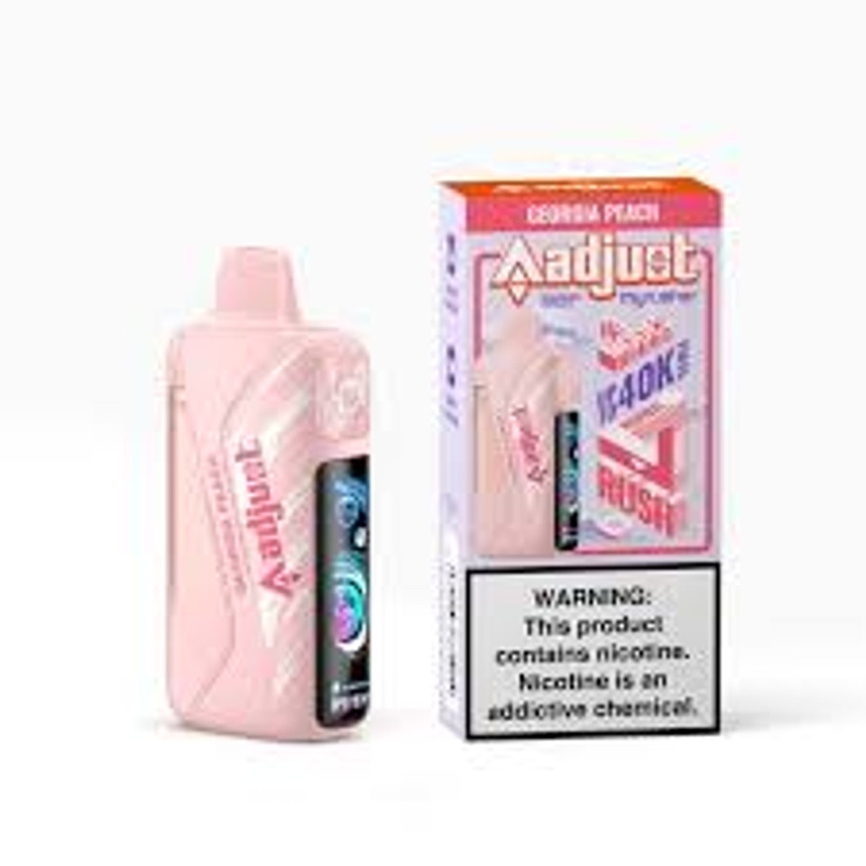 ADJUST MYRUSHER disposable vape with Sour Strawberry Dragon flavor, 40K puffs, sleek portable design, highlighted at Nova Puffs