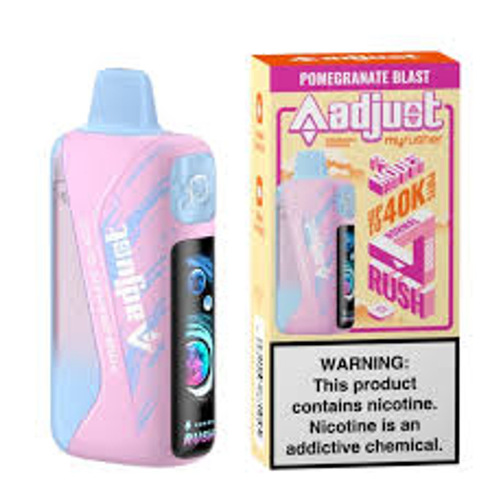 ADJUST MYRUSHER disposable vape with Pomegranate Blast flavor, 40K puffs, sleek portable design, highlighted at Nova Puffs