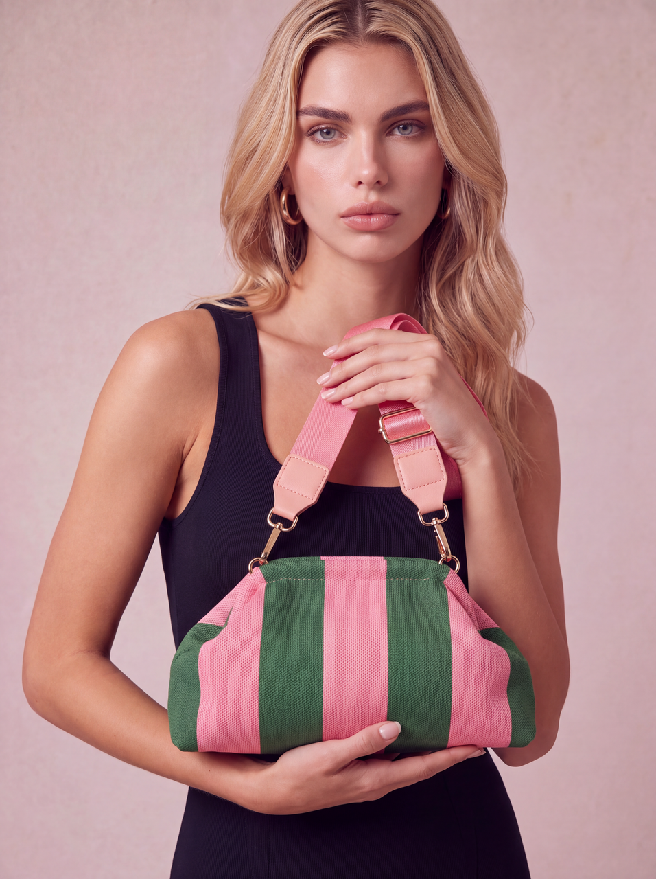 CITY GIRL POUCH + STRAP - BABY PINK / GREEN