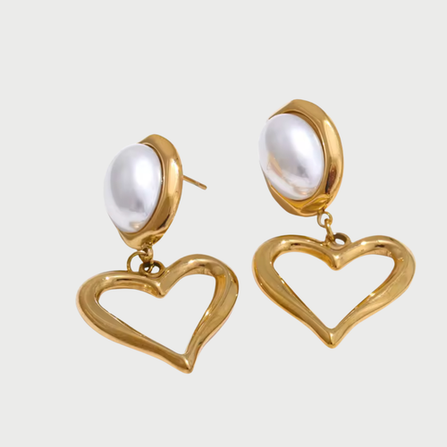 HEART PEARL DROP EARRINGS - GOLD