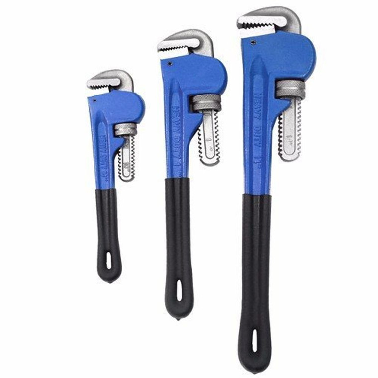 3 Pcs Adjustable Heavy Duty Heat Treated Soft Grip Pipe Wrench Set 10" 12" 14"