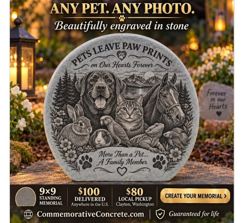 Custom photo-engraved pet memorial standing stone by Commemorative Concrete
