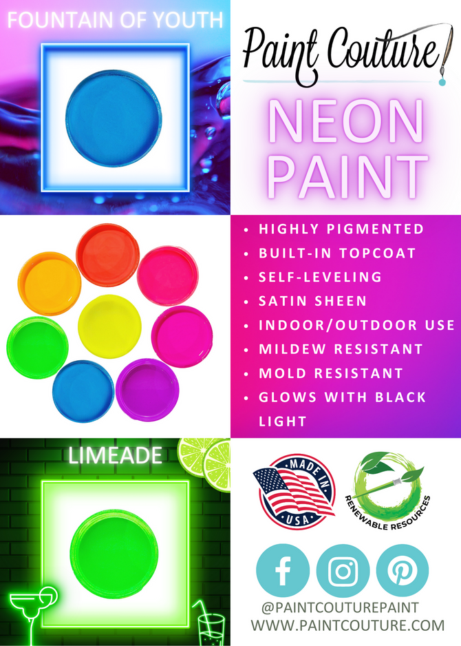 Brochure describing the benefits of Paint Couture Neon Paint