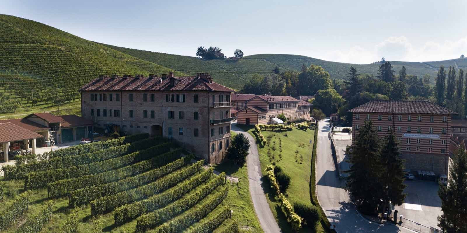 An image of the beautiful Fontanafredda winery in Barolo's vineyards