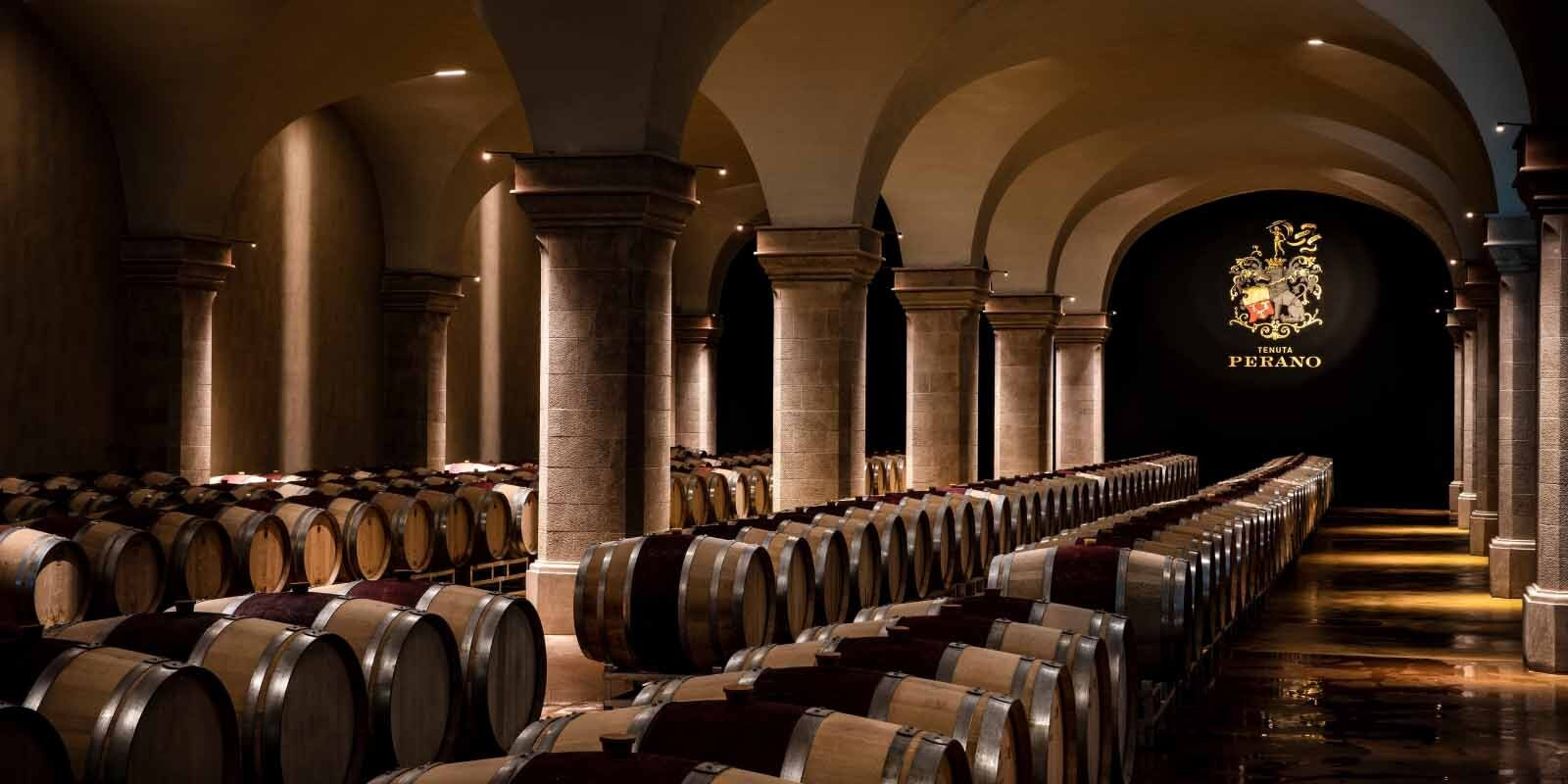 A photo of the stunning barrel hall at Tenuta Perano in Chianti, one of Frescobaldi's properties
