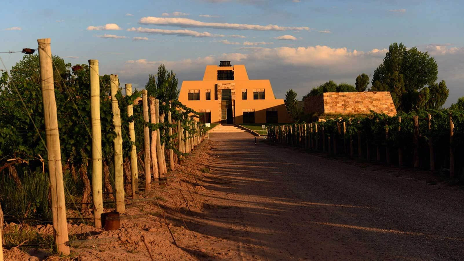 An image of the Catena Zapata winery taken from the vineyard that surrounds it