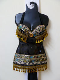 Black Turquoise Bra Belt Set