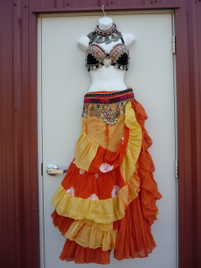Gorgeous Orange Yellow Ensemble 2 skirts, Bra, Belt, Necklace