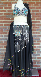 Gorgeous Glitzy Blk/Trq Ensemble Bra/Belt/Skirt/Veil