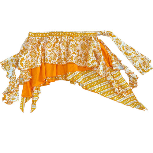 This is a beautiful 3 layer hipster. It has a long tie on each end the waist has elastic to give it a great fit. Hand Block printed pure cotton fabric is used on the top layer and the bottom layer and pure cotton contrast color fabric is used for the middle layer. These are really fun and great to wear for practice or layering a costume or by itself with leggings or pants. You can tie them on the side or tie them in the front and let the tail hanging in the back. They are about 18' long and waist stretches to about 52". We can also make custom sizes and colors for an extra fee. 

Please note that the shipping mentioned is domestic shipping within USA

For international customers you can check the box international at checkout and the shipping will be calculated. Or please feel free to message me. 