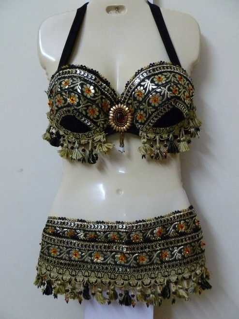 Stunning Black and Amber Tribal Bra and Belt Set