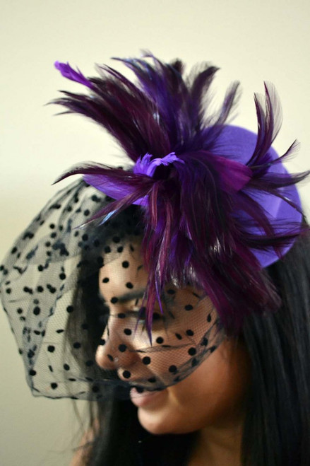 Purple Top Hat with Feathers and Polka Dot Veil