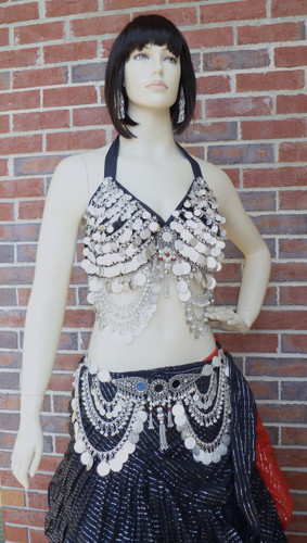 Ashwarya Black Tribal Belly Dance Bra & Belt Set with Coins & Red