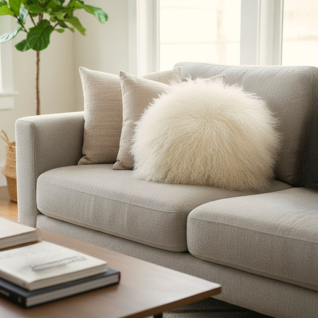 Natural White Tibetan Mongolian Lamb fur Round Pillow / Cushion