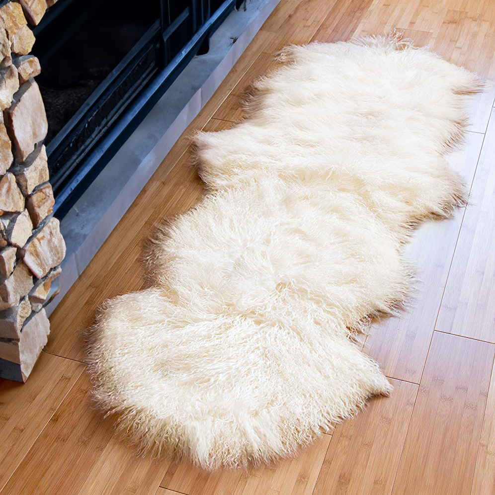 Tibetan Mongolian Lamb Fur Double Hide Rug Natural White