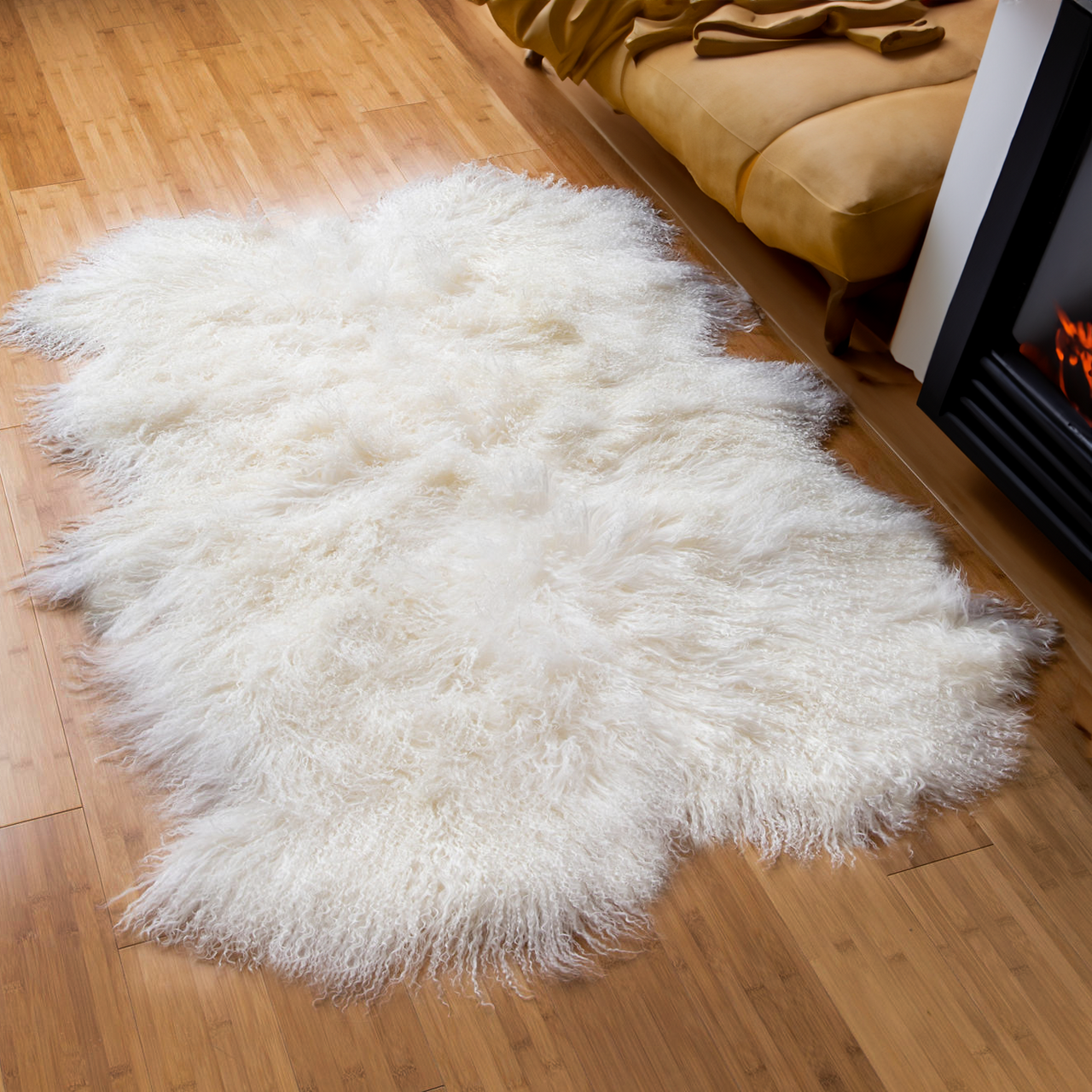 Tibetan Mongolian Lamb Fur 4-Pelt Rug Bleached White