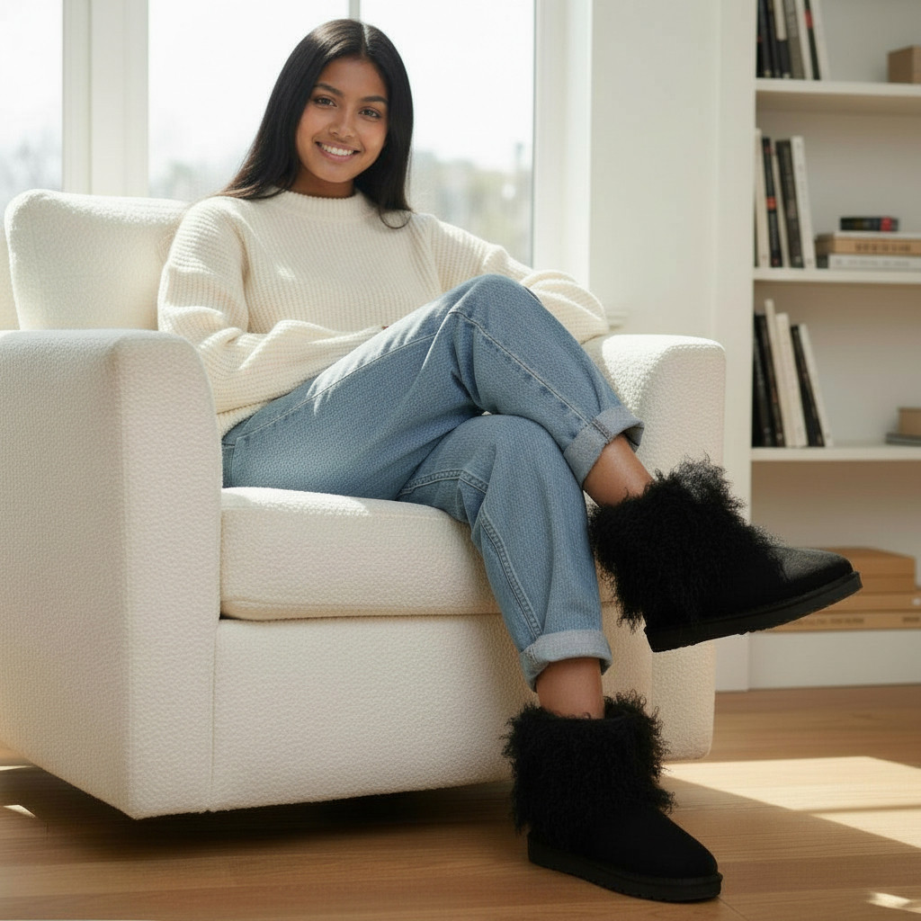 Genuine Black Mongolian Lamb Fur Sheepskin Boots