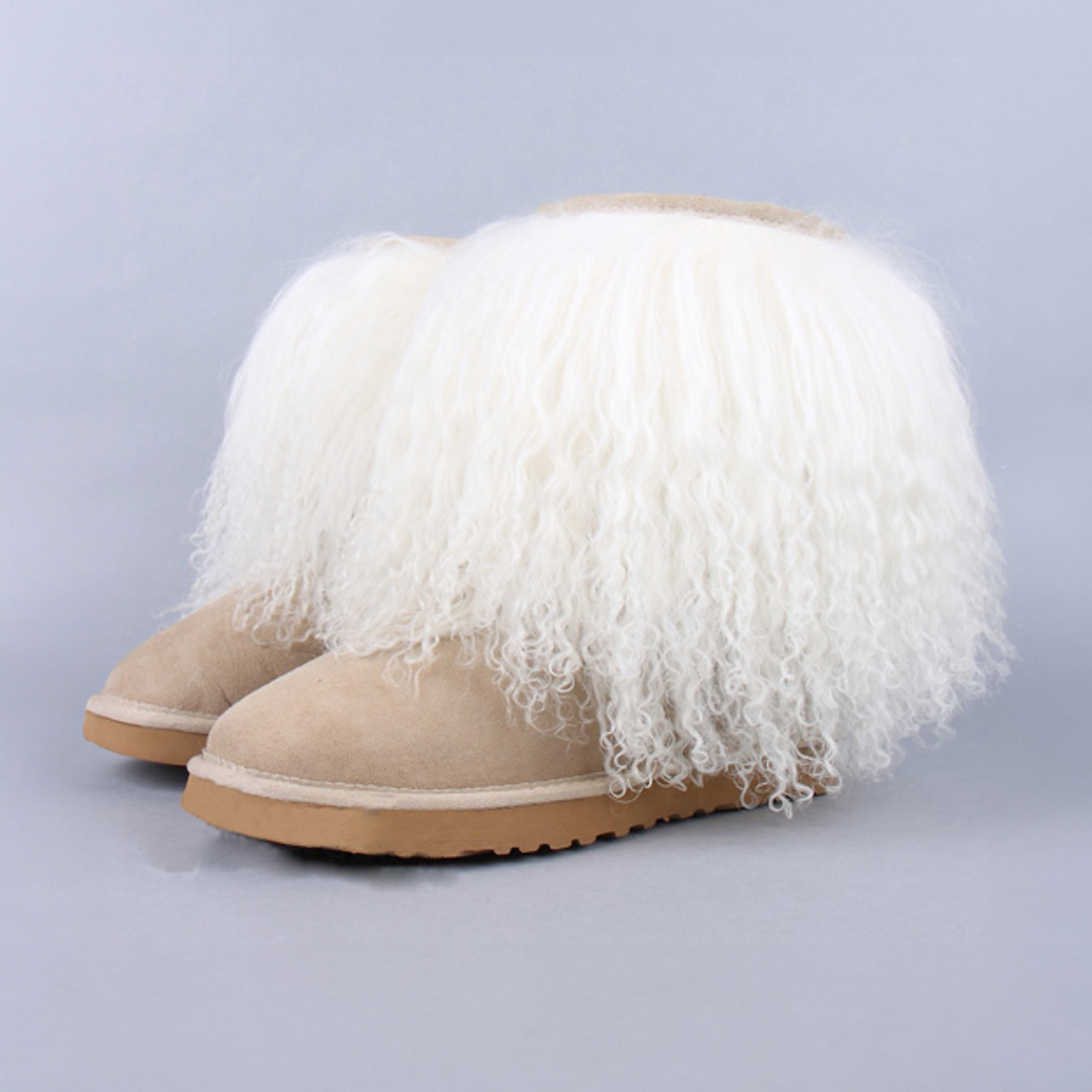 Genuine Beige Mongolian Lamb Fur Sheepskin Boots