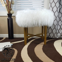 Mongolian Lamb Fur Round Ottoman With Gold Metal Base 