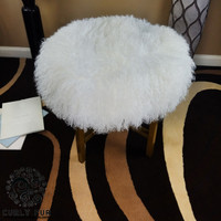 Mongolian Lamb Fur Round Ottoman With Gold Metal Base 