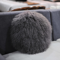 Round Mongolian Lamb Fur Pillow Charcoal 