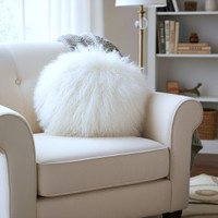 Round Mongolian Lamb Fur Pillow Bleached White