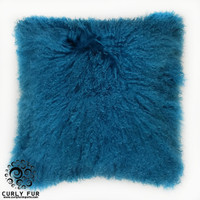 Mongolian Lamb Fur Pillow Carribean Blue