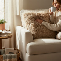24" x 24" Mongolian Lamb Real Fur Pillow / Cushion Dark Beige