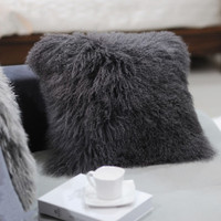 Mongolian Fur Pillow Double Sided Charcoal 