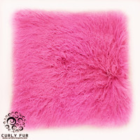 22" x 22" Tibetan Lamb Fur Pillow Hot Pink 
