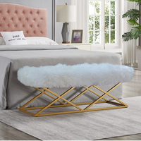 Mongolian Lamb White Fur Bench Gold Metal Frame 