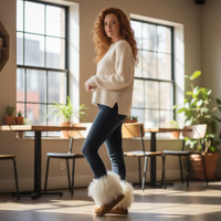 Genuine Mongolian Lamb Fur Sheepskin Boots Chestnut  Mid Calf 