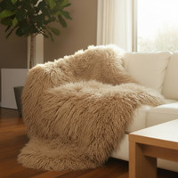 Tibetan Mongolian Lamb Fur Throw Blanket Dark Beige 4' x 6' 