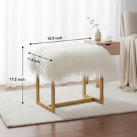 Mongolian Lamb Fur Rectangle Vanity Stool Gold Metal Legs