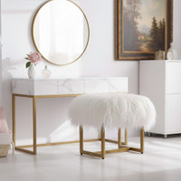 Mongolian Lamb Fur Rectangle Vanity Stool Gold Metal Legs
