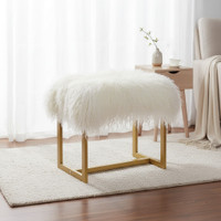 Mongolian Lamb Fur Rectangle Vanity Stool Gold Metal Legs