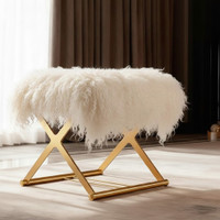 Mongolian Lamb Fur Rectangle Vanity Stool Gold X Metal Legs