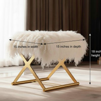 Mongolian Lamb Fur Rectangle Vanity Stool Gold X Metal Legs