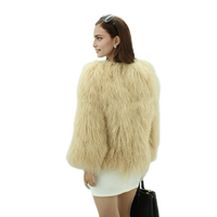 Collarless Tibetan Mongolian Lamb Fur Coat Beige  25" 
