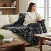 Mongolian Lamb Fur Throw Blanket Frosted Black 