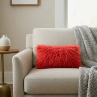 9" x 17" Tibetan Lamb Fur Lumbar Pillow Red
