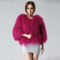 Tibetan Mongolian Lamb Fur Coat Magenta