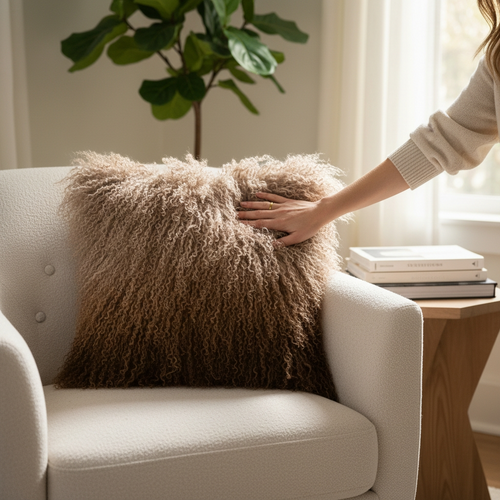  16" x 16" Mongolian Lamb Fur Pillow Taupe Brown Ombre