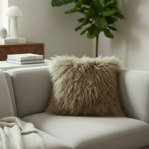 Mongolian Lamb Fur Pillow Dark Beige