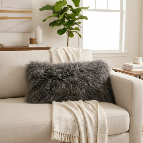 Tibetan Lamb Fur Lumbar Pillow Charcoal 