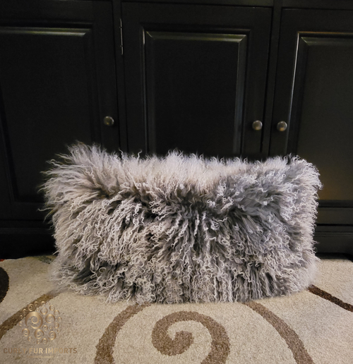  Tibetan Lamb Fur Lumbar Pillow Frosted Grey 
